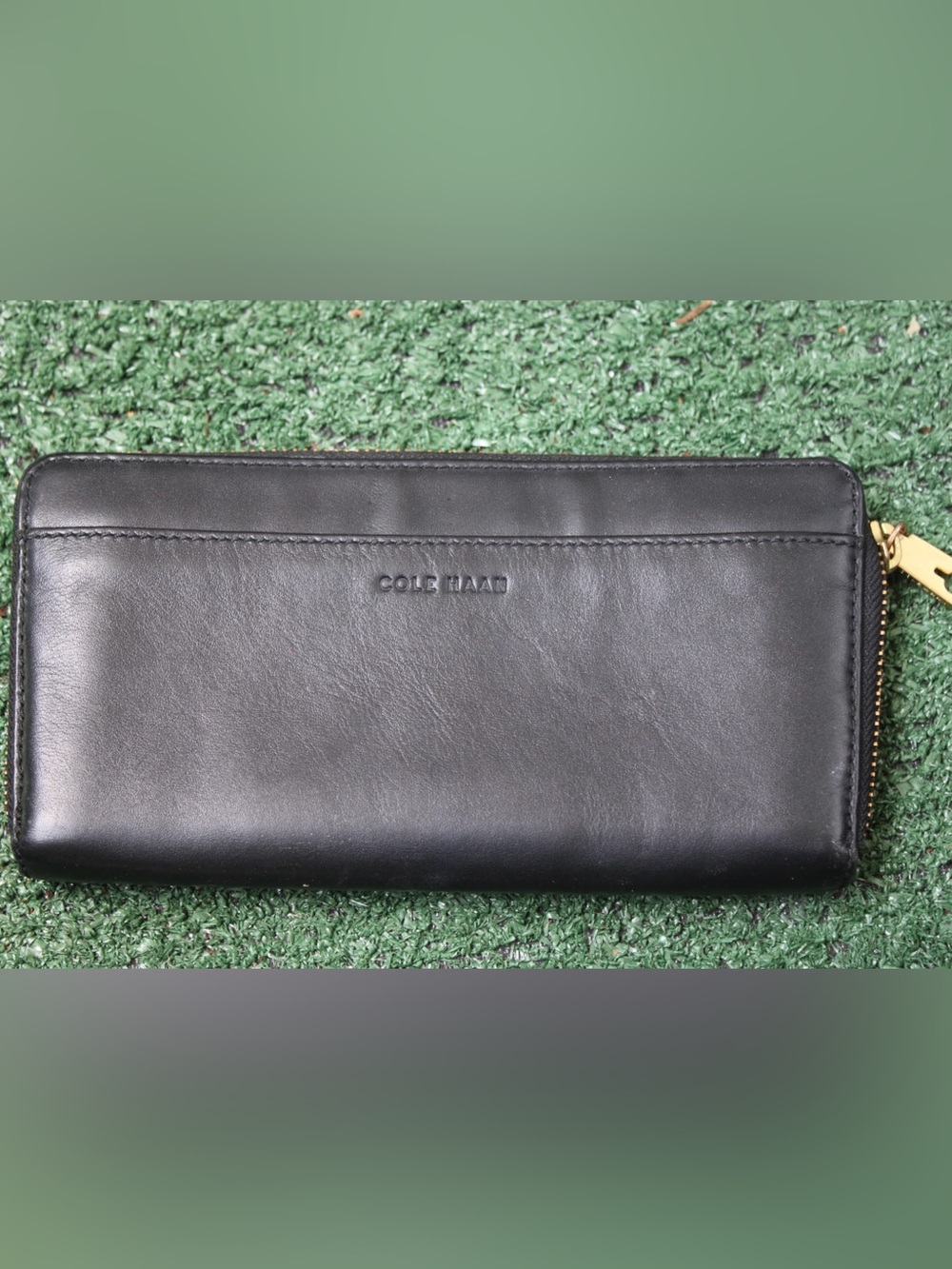 Cole Haan Black Leather Zip-Around Wallet with Gold Hardware